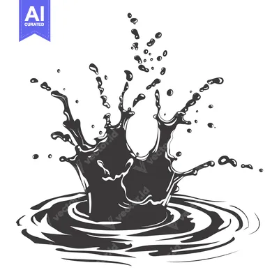 A black and white illustration of a water drop splashing and creating