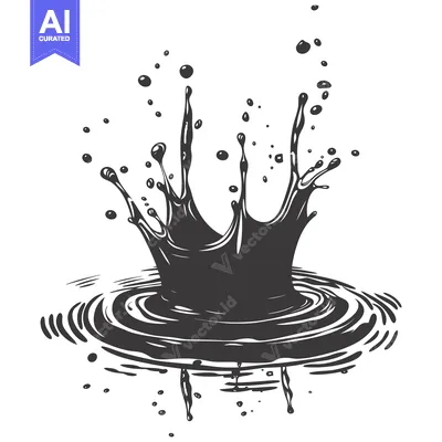 A black liquid splash with ripples and droplets
