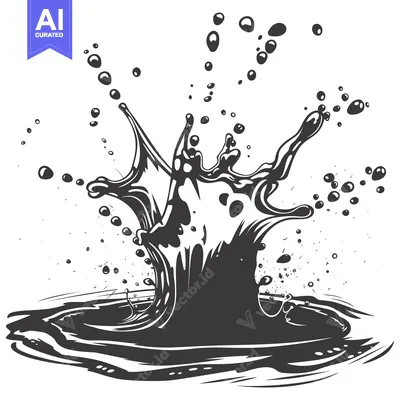 Black and White Illustration of Water Droplet Splashing and Creating R