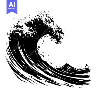 Aset desain premium: Black and White Silhouette of a Large Ocean Wave