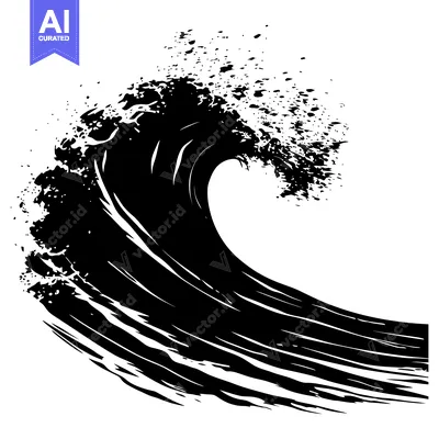 Aset desain premium: A Black and White Illustration of a Large Breaking Wave