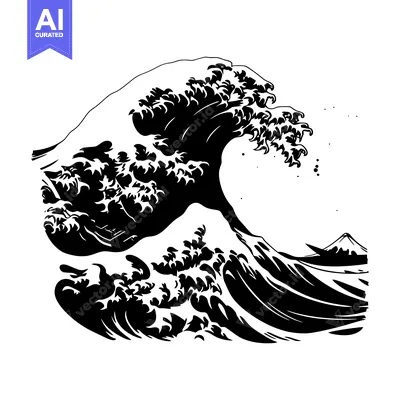 Popular premium asset: A black and white illustration of a large wave crashing over a mountai