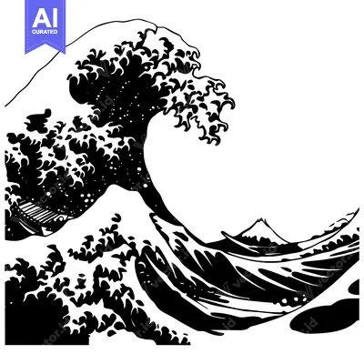 Aset premium populer: A black and white illustration of a large wave crashing against a moun