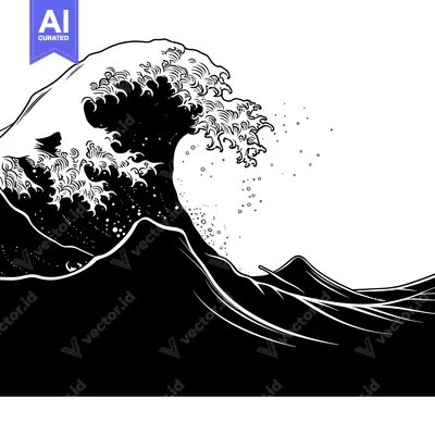 Aset desain premium: Black and White Illustration of a Large Wave Breaking