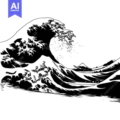 Aset premium populer: A Black and White Illustration of the Great Wave off Kanagawa with Mou
