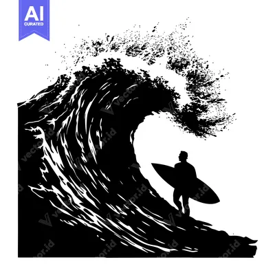 Aset desain premium: Silhouette of a Surfer Riding a Large Wave