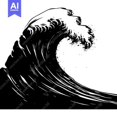 A Black and White Illustration of a Large Wave Breaking
