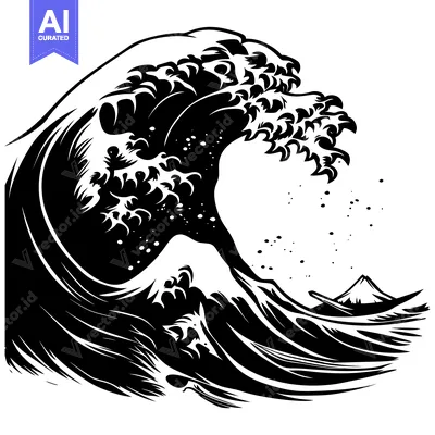 Aset desain premium: A Black and White Illustration of a Large, Powerful Wave Breaking Over