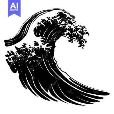 Aset desain premium: Black and White Illustration of a Large Ocean Wave