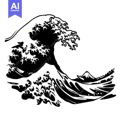 Premium design asset: Black and White Illustration of the Great Wave of Kanagawa with Mount