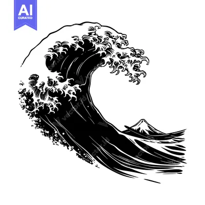 Aset premium populer: Black and White Illustration of a Large Wave Crashing Over a Mountain