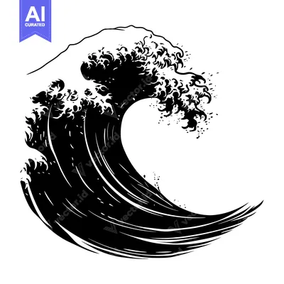 Aset premium populer: A Stylized Black and White Illustration of a Crashing Wave