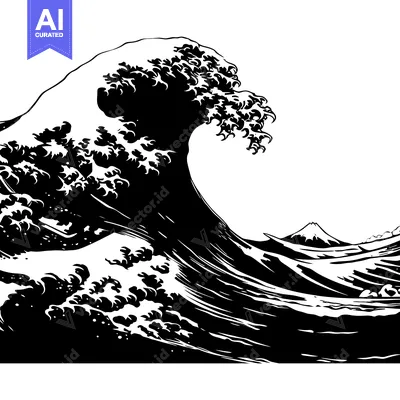 Aset desain premium: Black and White Illustration of a Large Wave Crashing Over a Mountain