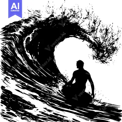 Aset desain premium: Silhouette of a Surfer Riding a Large Wave