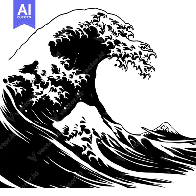 Black and white illustration of a large wave crashing over a mountain