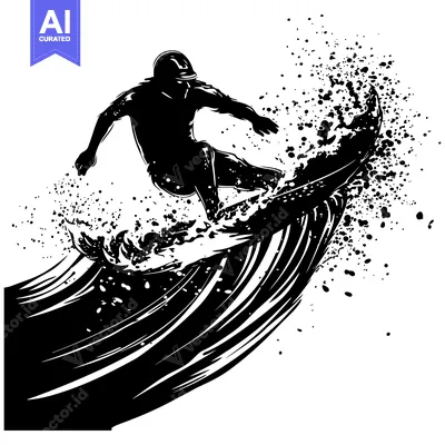 Aset premium populer: Silhouette of a Surfer Riding a Wave with Splashes of Water