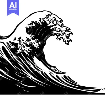 Aset desain premium: A Large Black and White Wave Crest Breaking Over a White Background