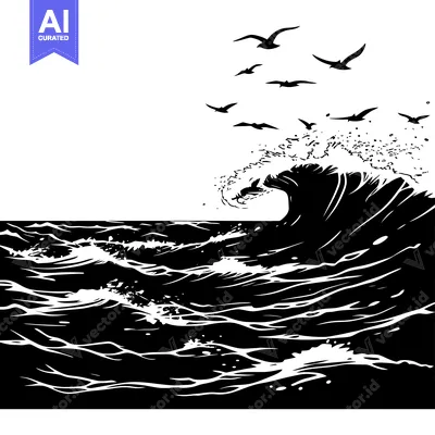 A large wave crashes in the ocean as birds fly overhead.
