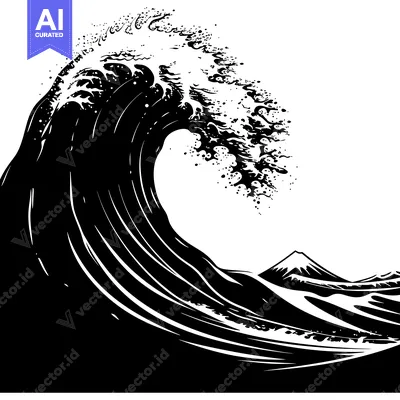 A Large Black and White Wave with a Mountain Peak in the Background