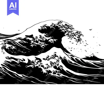 Aset desain premium: A Large Wave Breaking with Birds Flying Above