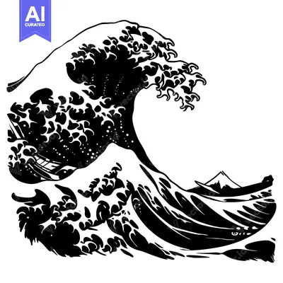 Aset desain premium: A Black and White Illustration of a Large, Powerful Ocean Wave