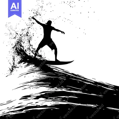 Silhouette of a Surfer Riding a Wave with Splashing Water