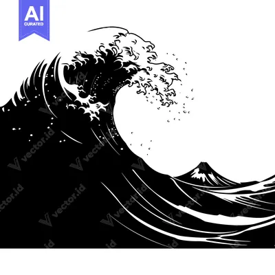 Popular premium asset: Black and White Silhouette of a Large Wave and a Mountain