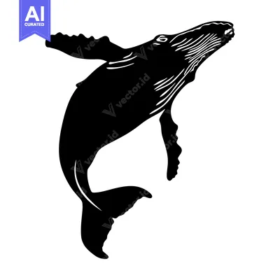 Aset desain premium: Black and White Silhouette of a Humpback Whale Leaping Out of the Wate