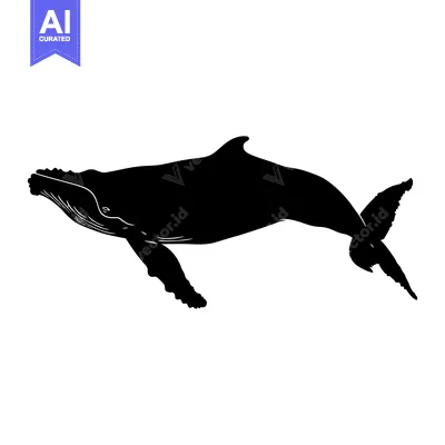 Black and white silhouette of a humpback whale in mid-swim