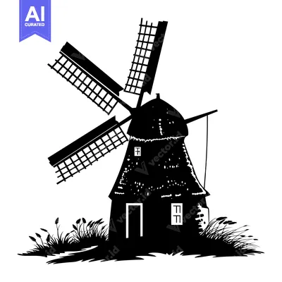 Aset premium populer: Black and white silhouette of a windmill with grass