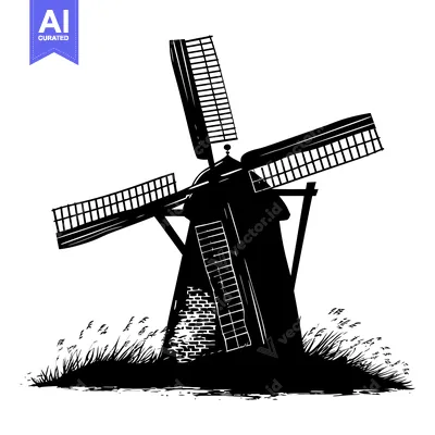 Aset desain premium: Black and White Silhouette of a Traditional Windmill in a Field