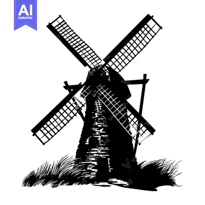 Aset premium populer: Black and White Silhouette of a Windmill in a Field