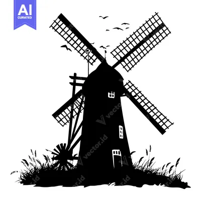 Aset premium populer: A Black and White Silhouette of a Windmill in a Field of Grass