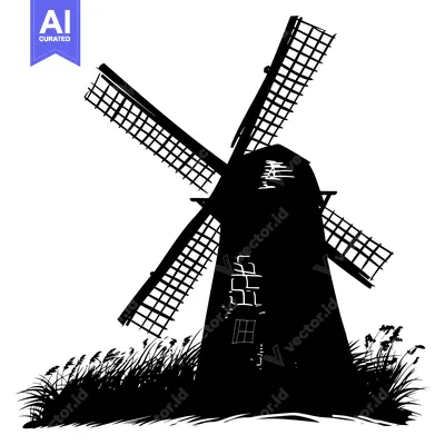 Aset desain premium: Black and White Silhouette of a Windmill with Grass