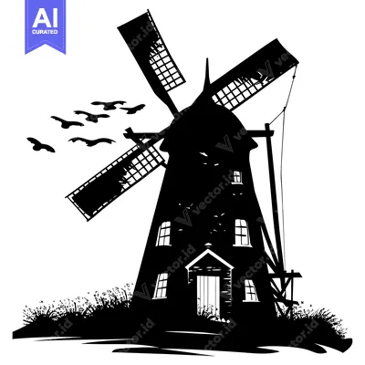 Aset desain premium: Black and White Silhouette of a Windmill with Flying Birds