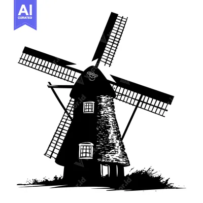 Premium design asset: Black and White Silhouette of a Windmill with Blades