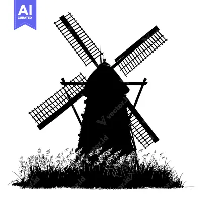 Aset desain premium: Black and White Silhouette of a Windmill with Grass