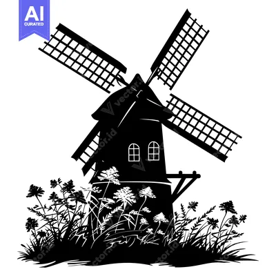 Popular premium asset: Black and White Silhouette of a Windmill in a Field of Flowers