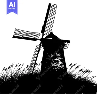 Silhouette of a windmill with blades standing tall against a white bac