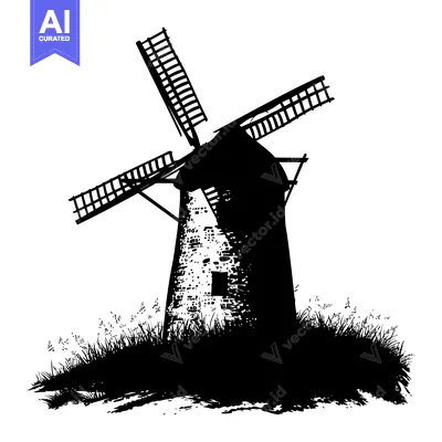Aset desain premium: Black and White Silhouette of a Windmill in a Field of Grass