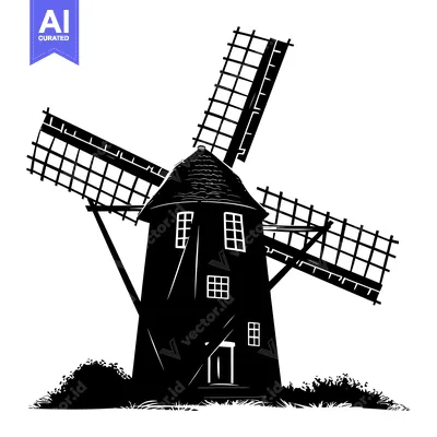 A Black and White Silhouette of a Traditional Windmill