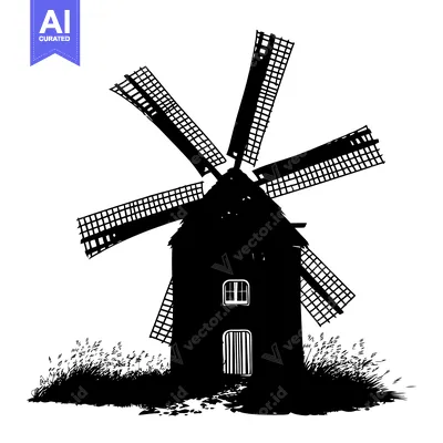 Aset premium populer: Black and White Silhouette of a Windmill with Blades