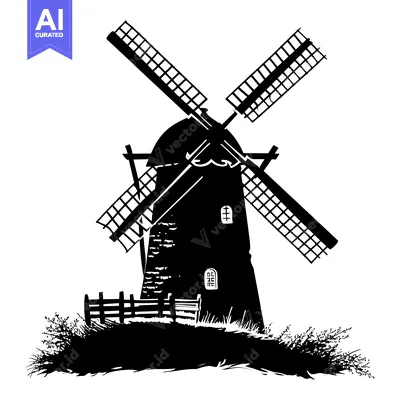 Popular premium asset: Black and White Silhouette of a Windmill with a Bench and Grass
