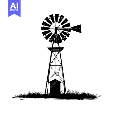 Aset premium populer: Black and White Silhouette of a Windmill in a Field