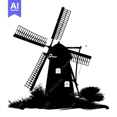 Aset premium populer: Black and White Silhouette of a Windmill with Blades and Surroundings