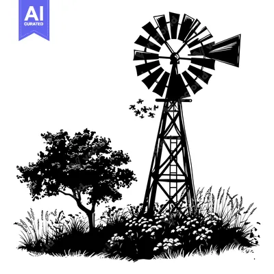 Aset desain premium: Silhouette of a Windmill with Surrounding Vegetation