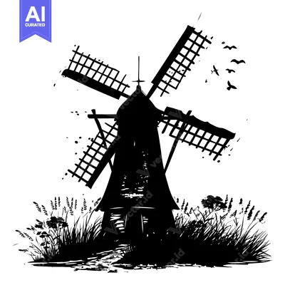 Aset desain premium: Black and White Silhouette of a Windmill with Grass and Birds