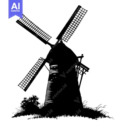 Aset desain premium: Silhouette of a Traditional Windmill in a Field