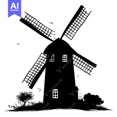 Premium design asset: Black and White Silhouette of a Windmill in a Field