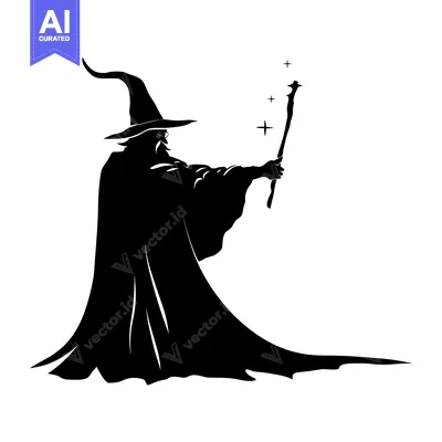 Aset desain premium: Silhouette of a wizard casting a spell with a staff